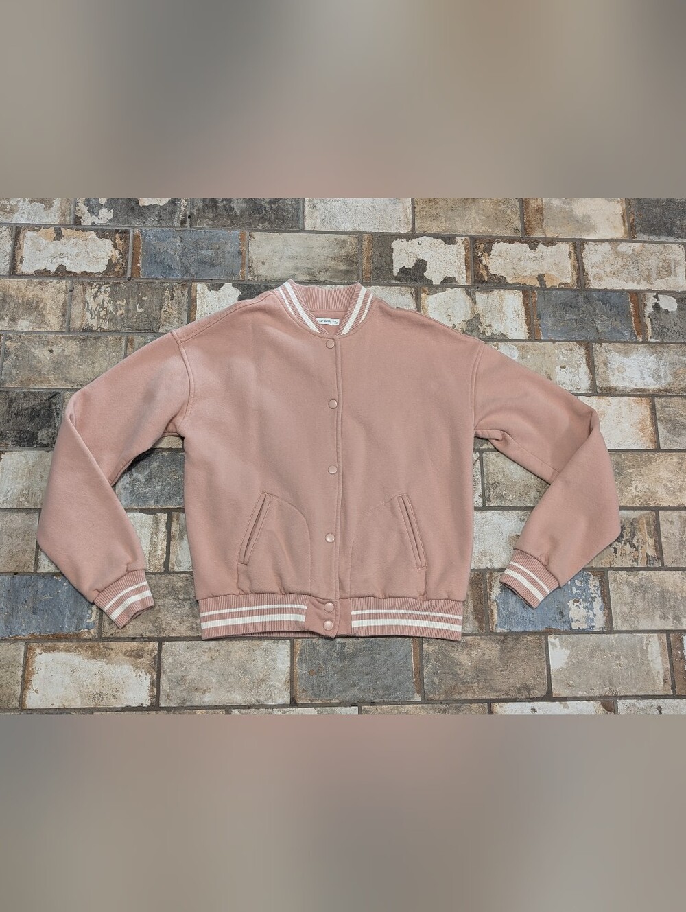 Bershka BSKGIRL Dusty Pink Fleece Snap Varsity Bomber Jacket - Size Large